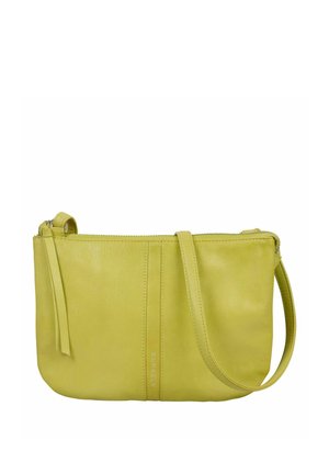 Sac à bandoulière en cuir jaune-vert avec une fermeture éclair sur le dessus, une sangle ajustable et un subtil détail de couture verticale.