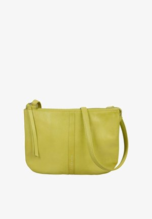 Sac à bandoulière en cuir jaune-vert avec une fermeture éclair sur le dessus, une sangle ajustable et un subtil détail de couture verticale.