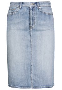 Džínsová tužková sukně ve světle modré barvě s rovnými liniemi, vysokým pasem, předními kapsami a švem na zadní straně. Vhodná pro volný čas.