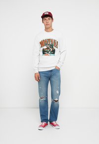 Sweatshirt gris avec un imprimé coloré "Montana", associé à un jean délavé bleu clair et des baskets rouges. Le design est décontracté et relax.