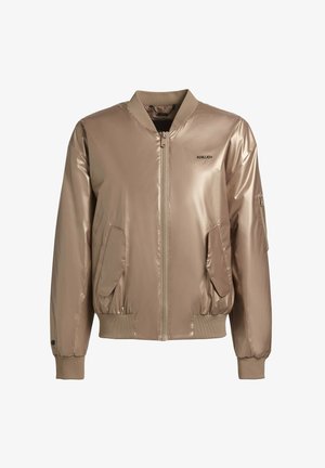 Beige bomberjack met een glanzende afwerking, ribgebreide manchetten en zoom, twee zijzakken en een rits aan de voorkant met een logo op de borst.