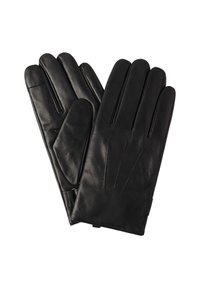 Gants en cuir noir avec une texture lisse, dotés de quatre doigts séparés et d'un détail de couture décoratif au dos.