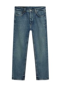 Jeans in denim blu con vestibilità a gamba dritta, cinque tasche, leggero sbiadimento e dettagli con orlo sfrangiato. Presentano una chiusura con bottone e passanti per la cintura.