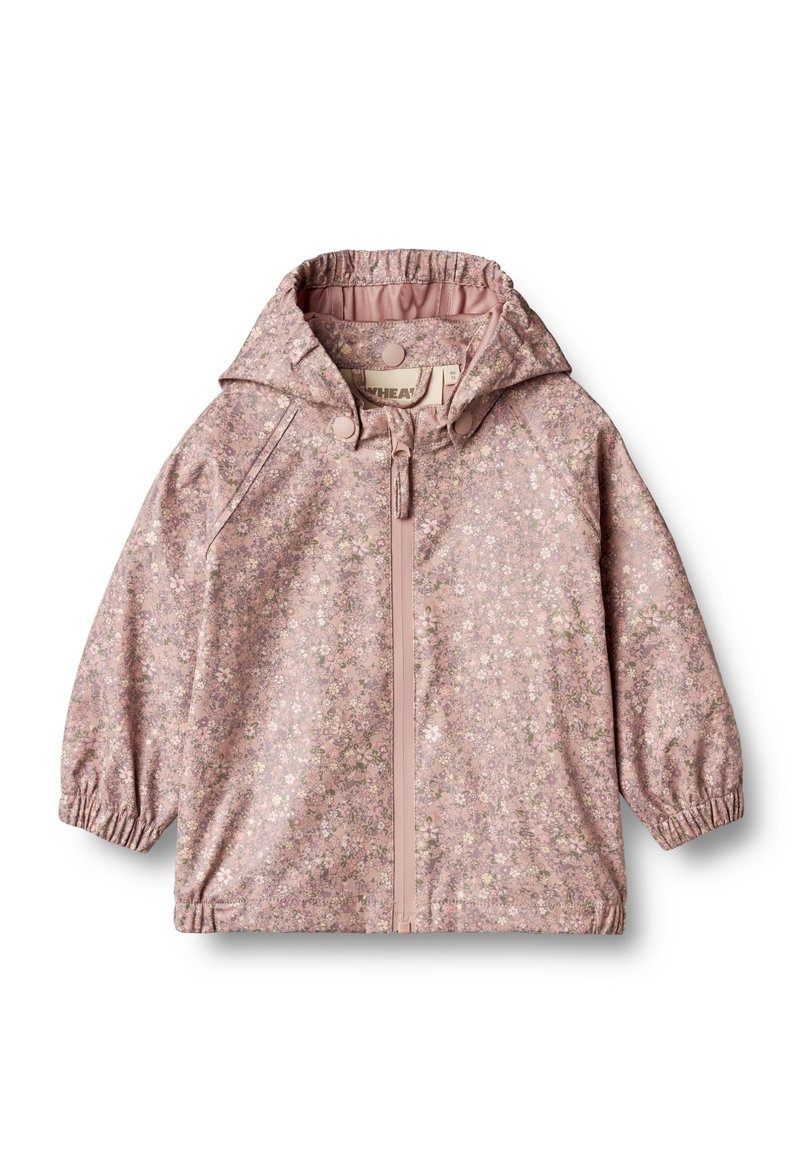 Rosa blommönstrad jacka med huva, elastiska ärmslut och dragkedja fram. Har ett tygmönster av små blommor på en texturerad bakgrund.
