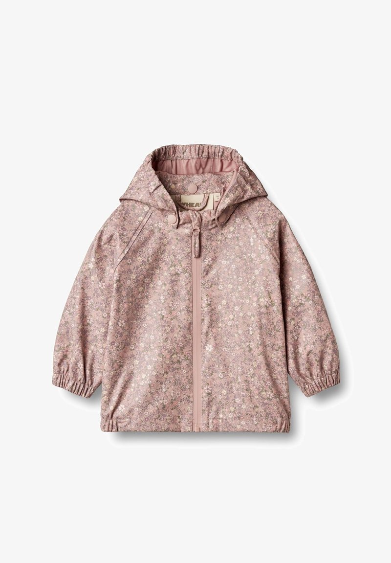 Rožinė gėlėta striukė su gobtuvu, elastinėmis rankovėmis ir priekiniais užtrauktukais. Pasižymi audinio raštu su mažomis gėlėmis ant tekstūruoto fono.