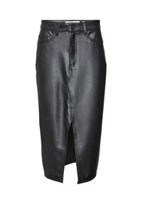 Svart läderskjol med rak skärning, featuring en framslits, bältesöglor och diskreta sömnadsdetaljer. Slät textur och medellång design.