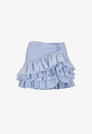 Blauw-witte gestreepte minirok met gelaagde ruches en geplooide details aan één kant tegen een witte achtergrond.