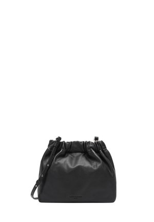 Black leather handbag with ruched top and adjustable shoulder strap, minimalist design, Lifewear brand logo embossed on front.