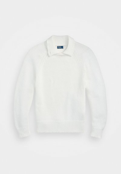 White knitted sweater with a ribbed hem and cuffs, featuring a folded collar and raglan sleeves, made from soft, textured fabric.