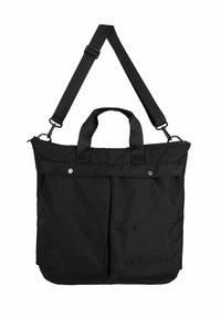 Black nylon tote bag with a zippered top, two short handles, and a detachable adjustable shoulder strap. Features front pockets and snap closures.