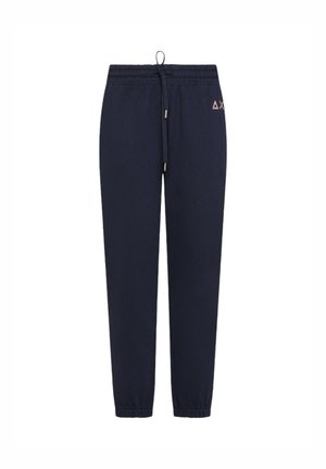 Pantaloni jogger blu navy realizzati in morbido tessuto, con vita elastica dotata di stringa, polsini alle caviglie e un piccolo logo sulla parte frontale.
