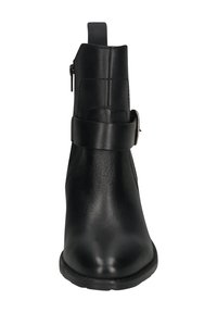 Schwarzer Lederknöchelboot mit glatter Textur, runder Zehenform, seitlichem Reißverschluss und einem Riemen-Detail um den Knöchel. Flache Sohle.