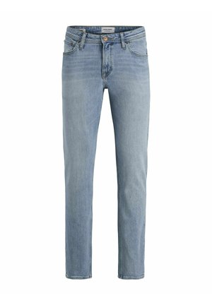 Hellblaue Denimjeans mit geradem Schnitt, fünf Taschen und einem klassischen Knopfverschluss. Merkmale sind dezente Ausbleichungen und ein sauberer Saum.