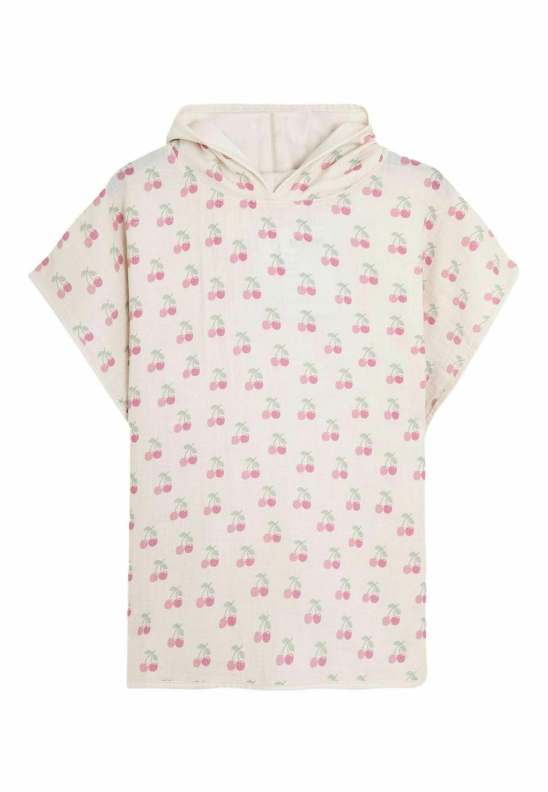 Poncho con cappuccio in tessuto leggero, caratterizzato da un motivo a ciliegie ripetuto in rosa e verde su uno sfondo crema, con maniche ampie.