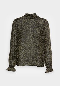 Blouse transparente à manches longues en vert olive avec un imprimé léopard noir, présentant un col universitaire froncé et des poignets élastiques. Tissu texturé.