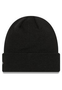Black wool beanie with a fold-up cuff and a smooth texture. Features a small, discreet logo on the side. Classic, simple design.
