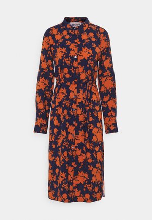 Navy blue long-sleeve midi shirt dress with orange floral print, button front, collar, and waist tie belt.