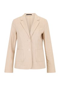 Beżowa marynarka z teksturowanej tkaniny z klapami, dwoma guzikami i dwoma przednimi kieszeniami. Zastosowanie slim fit z długimi rękawami.