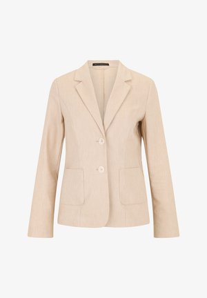 Blazer beige en tissu texturé avec un col cranté, deux boutons et deux poches avant. Design slim fit avec des manches longues.