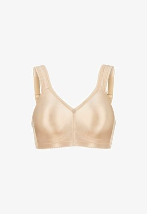 Beige beha met volledige bedekking, zachte cups, brede verstelbare bandjes en centrale naaddetailering, ontworpen voor comfort en ondersteuning.