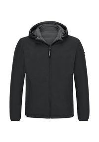 Schwarze Jacke mit Kapuze, Frontreißverschluss, seitlichen Taschen und grauem Innenfutter; glatte Textur und minimalistisches Design.