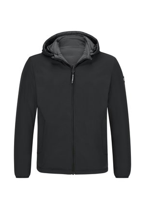 Schwarze Jacke mit Kapuze, Frontreißverschluss, seitlichen Taschen und grauem Innenfutter; glatte Textur und minimalistisches Design.