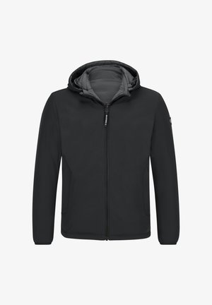 Schwarze Jacke mit Kapuze, Frontreißverschluss, seitlichen Taschen und grauem Innenfutter; glatte Textur und minimalistisches Design.