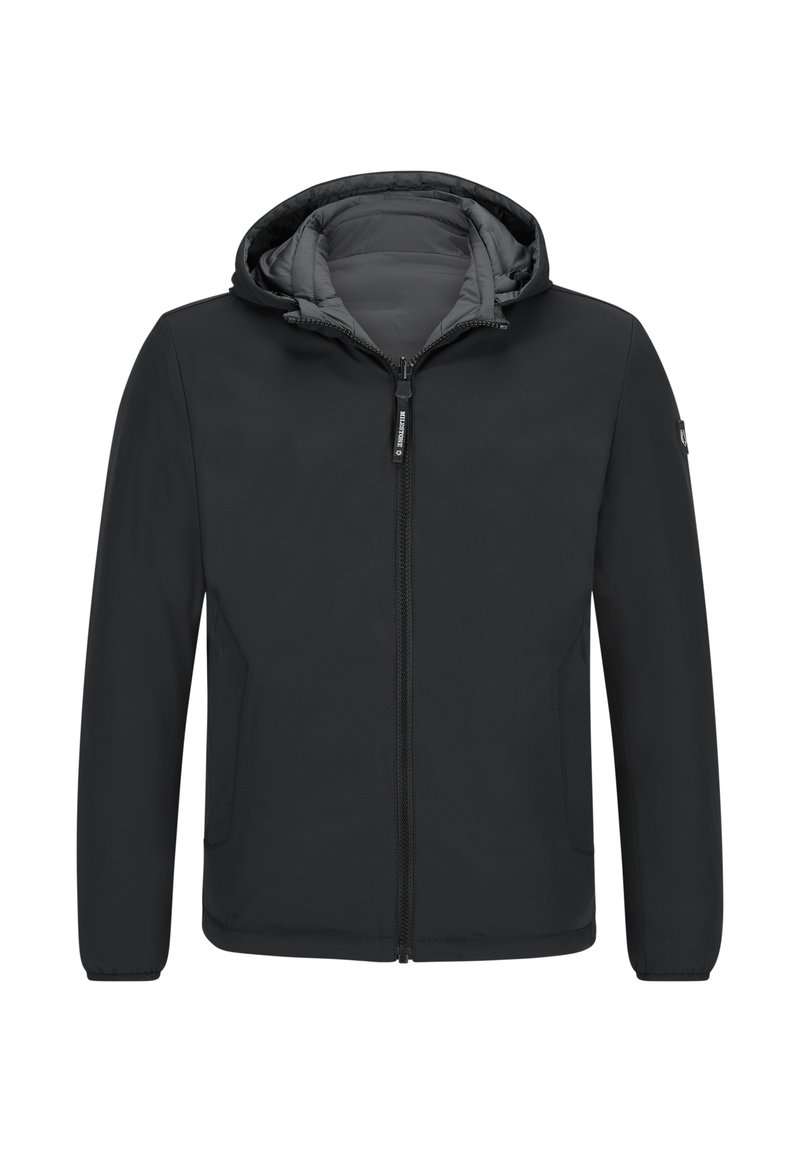 Schwarze Jacke mit Kapuze, Frontreißverschluss, seitlichen Taschen und grauem Innenfutter; glatte Textur und minimalistisches Design.