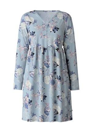 Abito a maniche lunghe in delicato tessuto blu chiaro con un motivo floreale in viola, rosa e bianco. Presenta un scollo a V e dettagli con bottoni.