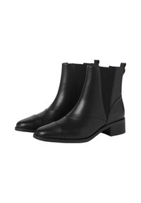 Stivali neri in pelle fino alla caviglia con pannelli elastici laterali, punta arrotondata, tacco basso a blocco e linguette posteriori per una facile vestibilità.