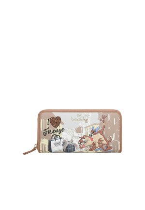 Portafoglio con personaggi dei cartoni animati, testo "I ♥ Firenze", borse della spesa e un'illustrazione del paesaggio urbano di Firenze su sfondo beige.