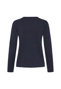 Haut à manches longues bleu marine avec un col rond et des détails côtelés au niveau du col. Tissu lisse et texturé avec une coupe ajustée.