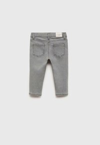 Pantaloni din denim gri cu croială dreaptă, având un talie medie, două buzunare pe spate și o etichetă pe talie. Marginile sunt finisate curat.