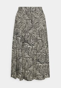 Černobílá sukně do áčka s vířivým zebrovým vzorem, elastickým pasem a plisovanou látkou pro zvýšenou texturu a pohyb.