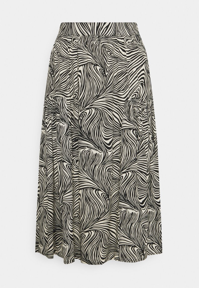 Černobílá sukně do áčka s vířivým zebrovým vzorem, elastickým pasem a plisovanou látkou pro zvýšenou texturu a pohyb.