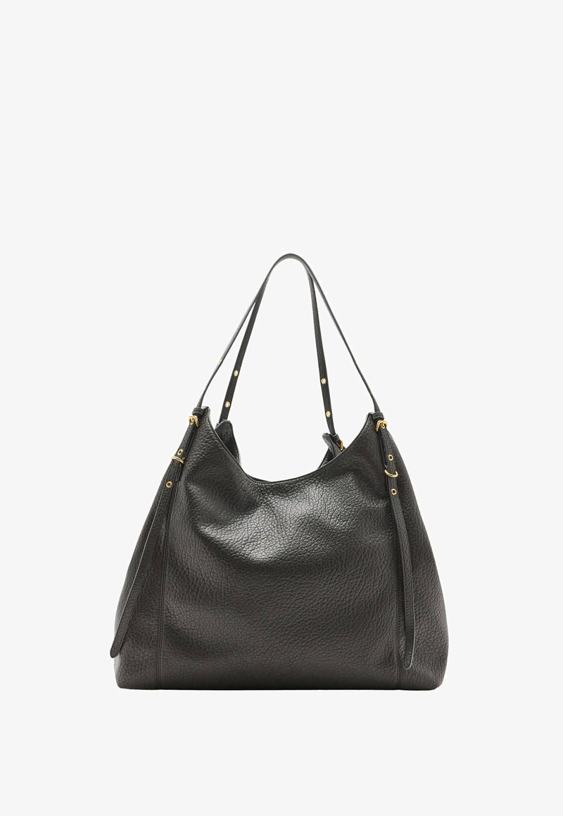 Grand sac à main en cuir texturé noir avec deux fines bretelles et détails de boucle dorée, présenté sur un fond blanc.
