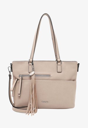 Béžová kabelka z umělé kůže s dvojitými madly, přední kapsou na zip a dekorativní střapcem. Má stříbrné kovové doplňky a jemné šití.