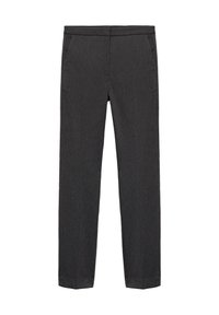 Pantalon gris foncé en tissu texturé, avec un devant plat, deux poches latérales et une coupe slim.