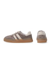 Low-top casual sneakers in taupe suede with white stripes, cream laces, padded heel, and textured brown rubber sole, shown from side and rear views.