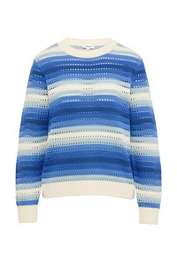 Blau- und cremefarbener gestreifter Pullover mit offener Strickstruktur. Hat einen runden Ausschnitt und gerippte Bündchen. Die Streifen variieren in Farbton und Breite.