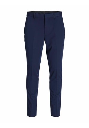 Pantalons bleu marine slim, avec un tissu lisse, des plis à l'avant et une taille plate. Pas de matériel ou de motifs visibles.