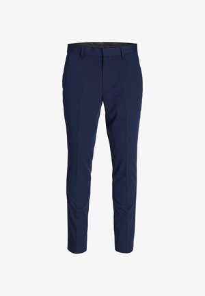 Navy blue trousers with a slim fit, featuring a smooth fabric, front pleats, and a flat waistband. No visible hardware or patterns.