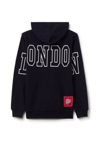 Sudadera con capucha navy que presenta un gran texto "LONDRES" en blanco en la parte posterior y un parche rojo con letras blancas en el lado inferior.