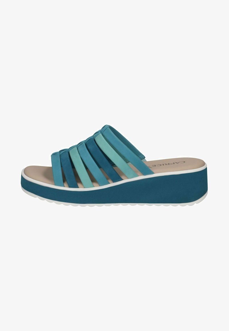 Sandale de plajă teal și albastru deschis cu multiple curele, design cu toc înalt și talpă din cauciuc alb. Textură moale pe curele, stil casual.