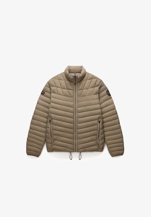 Gevoerd beige pufferjack met hoge kraag, voorritssluiting, twee zijzakken, elastische manchetten en verstelbare trekkoordzoom.