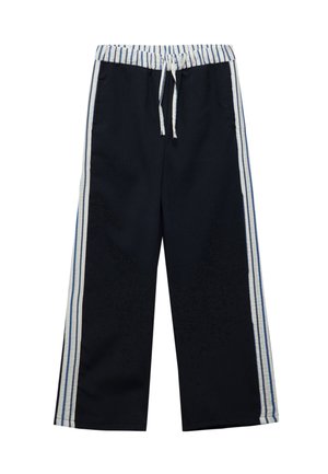 Pantaloni a gamba larga blu navy con vita regolabile, caratterizzati da strisce verticali bianche e blu sui lati. Tessuto morbido.
