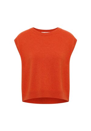 Ärmellose Strickweste in leuchtendem Orange mit Rundhalsausschnitt und geripptem Saum, hinten etwas länger geschnitten.