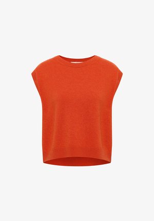 Ärmellose Strickweste in leuchtendem Orange mit Rundhalsausschnitt und geripptem Saum, hinten etwas länger geschnitten.