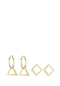 Goldene Creoleohrringe mit einem dreieckigen Anhänger und einem separaten Paar rautenförmiger Stecker. Glatte Textur und polierte Oberfläche.