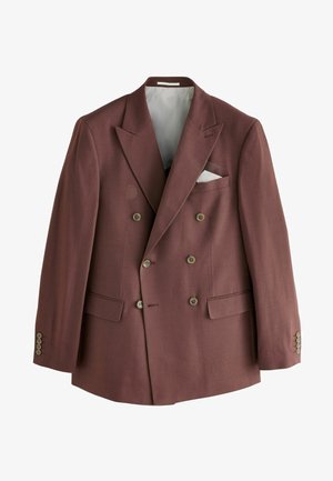 Blazer double boutonnage en tissu bordeaux profond. Comprend des revers crantés, deux poches latérales et des accents de boutons décoratifs sur les manches.